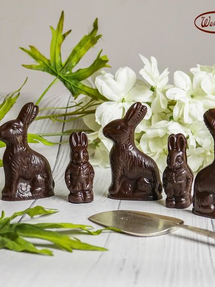 A family of our solid chocolate Easter bunnies. Available in different sizes, these are a classic treat that brings a smile to everyone's face during Easter.