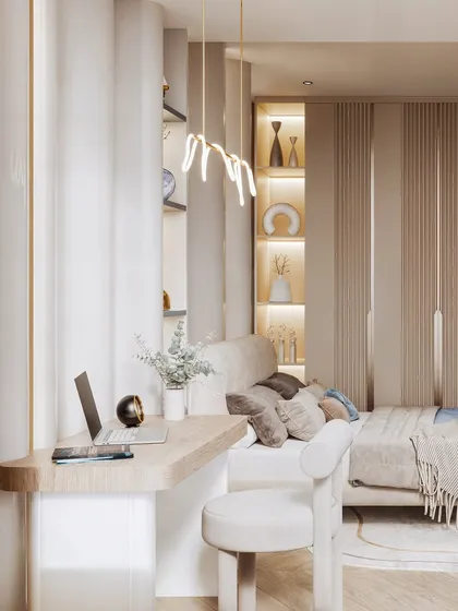 A different angle of the study nook, showing its clever integration into the bedroom layout.