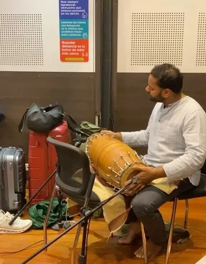 Our percussionist, Pramath, getting his setup ready for the open rehearsal. The variety of instruments he uses is key to our diverse sound.