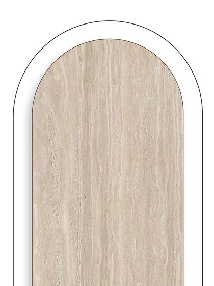 A close-up of our travertine beige stone, a material that embodies our philosophy of slow design and warm minimalism.