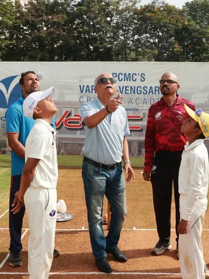 The coin toss for the inaugural match of the Varroc Cup, a moment of great excitement for the young captains.