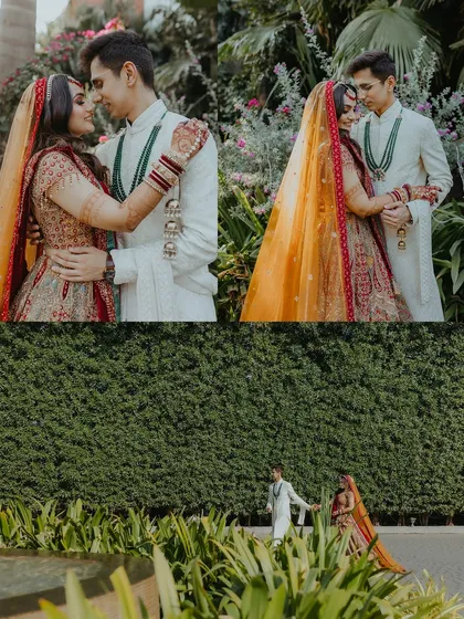 A collage of couple portraits in a garden setting, showcasing their love and the beauty of their wedding attire.