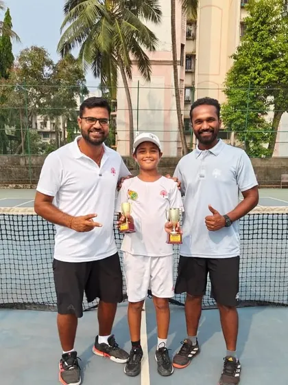 Aarav Chhallani with his coaches after winning the U-14 Singles and finishing as Doubles Runner-up at the Championship Series in Nashik.