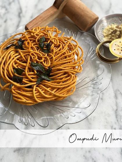 A beautiful nest of my Ompudi Murukku, with fragrant curry leaves. This snack is all about the delicate texture and the distinct flavor of ajwain, a true South Indian specialty.