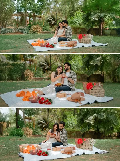A sequence of three images from a picnic, showing the couple sharing drinks, reading together, and enjoying each other's company.