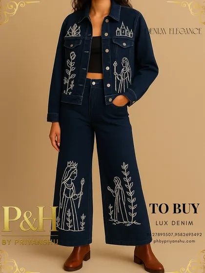 A full-length view of the story-embroidered denim set, styled with brown boots, capturing the unique narrative design.