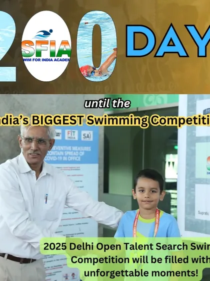 Unforgettable moments are made here. A young swimmer with an official at a past event, highlighting the community feel of the Delhi Open.