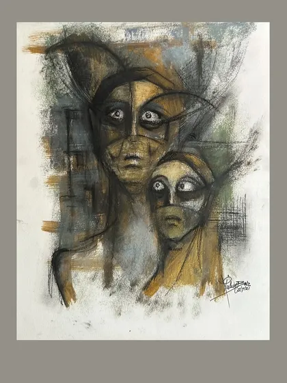 An expressive acrylic and charcoal on paper, this untitled piece shows two faces with wide, staring eyes, conveying a sense of wonder or shock.