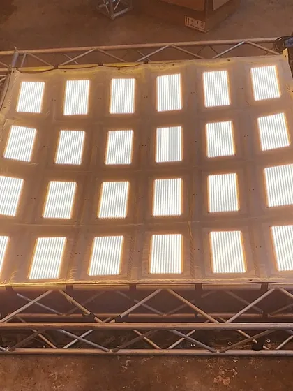 The Litegear Auroris mat fully assembled on its truss frame. Multiple mats can be combined to create enormous light sources, such as a 20x40 foot wall of light with 192 programmable pixels.
