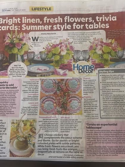My latest feature in the Times of India, which made Father's Day truly special. The article, titled "Bright linen, fresh flowers, trivia cards: Summer style for tables," is filled with my tips and ideas.