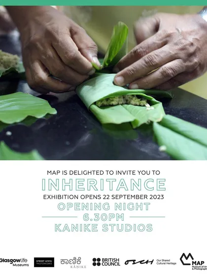 The opening night invitation for "Inheritance," a collaborative exhibition with MAP Bangalore and partners in Glasgow. The project explored shared histories and identities between South Asia and the UK.