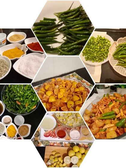 A collage showing different stages of our pickle making process. From chopping vegetables and mixing spices to the final product, it's all done with care.