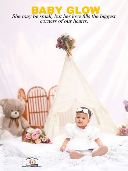A lovely portrait from a boho themed baby shoot. The 'Baby Glow' text highlights the pure and innocent light that babies bring into our lives.
