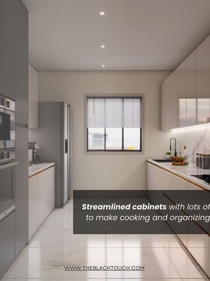 This render focuses on the streamlined, handleless cabinets that offer plenty of storage. The design aims to make cooking and organizing easy and efficient in a stylish environment.