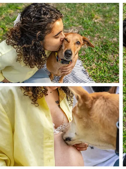A collage of love and laughter from an outdoor maternity shoot in Hyderabad. It shows the intimate moments, from a sweet kiss for the dog to a gentle nuzzle on the baby bump.