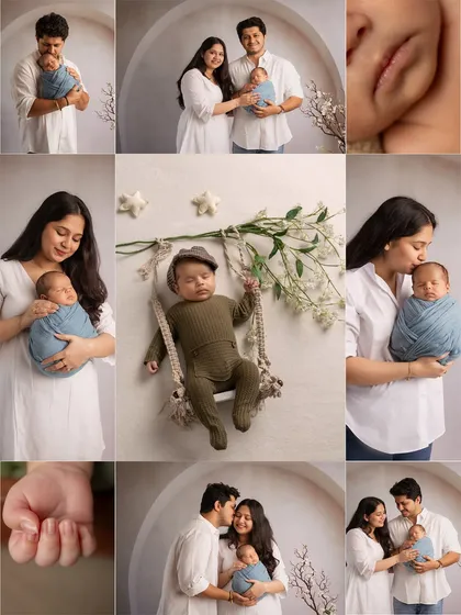 This collage highlights the variety of a newborn session, including family poses, solo baby portraits on a swing, and close-ups of delicate features like hands and lips.