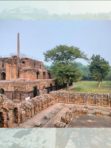 A wide view of the pyramidal structure at Feroz Shah Kotla, crowned by the Ashokan Pillar. Firoz Shah Tughlaq transported this 3rd-century BCE pillar from Topra and installed it as a trophy.