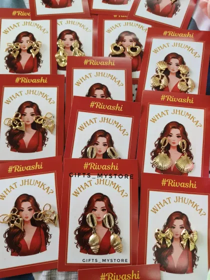 "What Jhumka?" These statement earrings are a fun part of my bridesmaid hampers, each with a custom backing card.