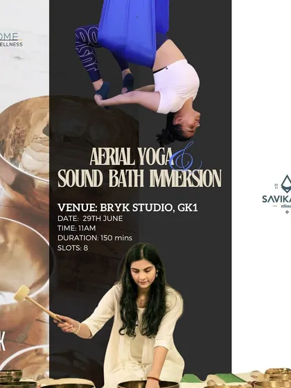 We host special workshops like this Aerial Yoga and Sound Bath Immersion. It's a unique experience designed to harmonize your senses and promote deep relaxation.