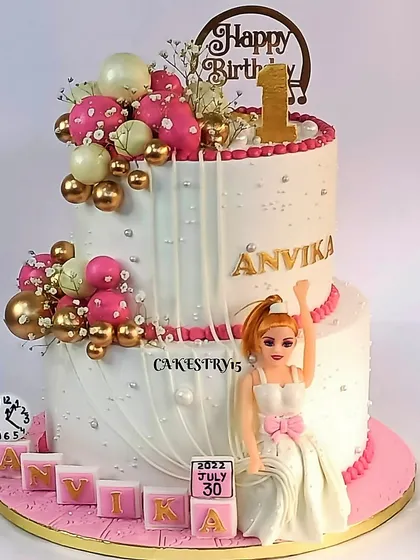 A classic Barbie doll cake design where the cake forms the doll's dress. This is a timeless and enchanting choice for a birthday celebration.