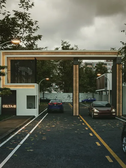 A slightly different lighting scheme for the Delta entrance gate render. This version shows how adjusting the warmth and placement of light can change the entire mood of the structure at night.