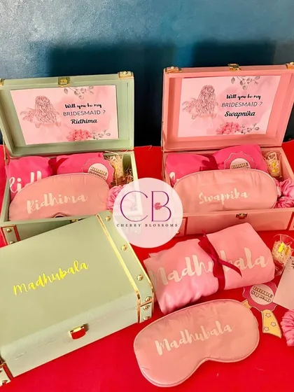 "I can't say I Do without you." These bridesmaid proposal boxes were shipped to a client in Chennai. Each trunk box is personalised with a name and filled with custom goodies like an eye mask and robe.