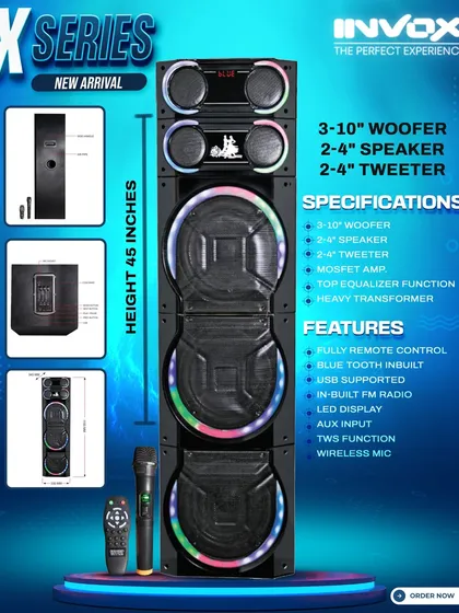 Here are the details for my new X-Series tower. It stands 45 inches tall and is packed with three 10-inch woofers, speakers, and tweeters. I've included all the features like Bluetooth, a wireless mic for karaoke, and full remote control.