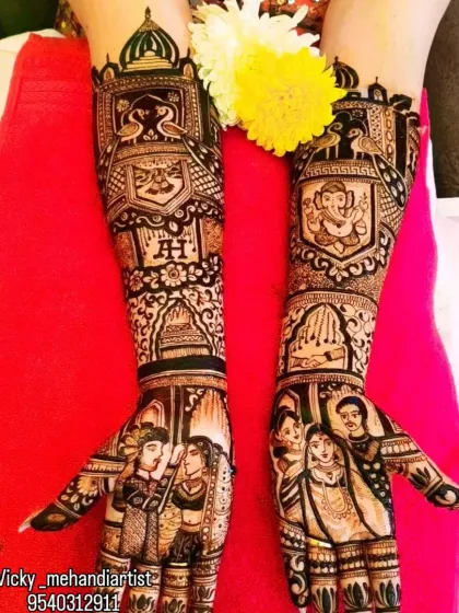 Here, we've combined family portraits on the hands with a depiction of Lord Ganesha for blessings, creating a design that is both personal and auspicious.