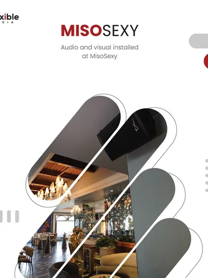 A look at the audio and visual equipment installed at MisoSexy. The angled speaker placement ensures optimal sound distribution throughout the elegantly designed dining space.