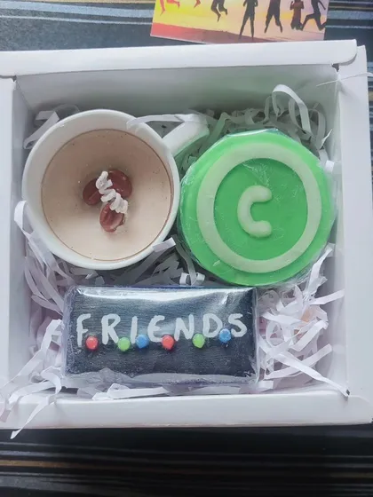 Another variation of the Friendship Day gift box, with a "Friends" soap, a personalized initial soap, and a coffee candle.