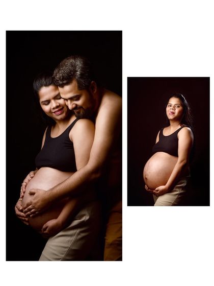 A collage of intimate couple and solo portraits. These shots, with a bare bump and casual attire, are simple, honest, and full of love.