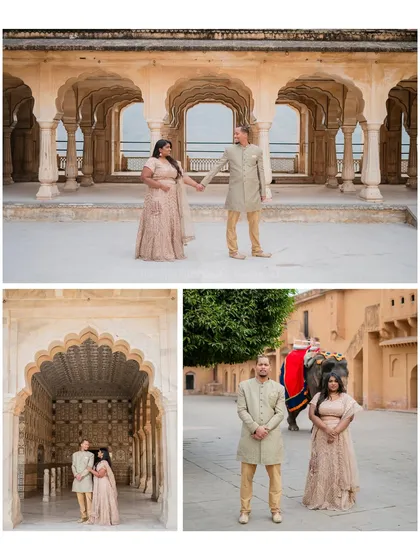 Kenneth and Lakshmi's pre-wedding shoot at Amer Fort, featuring a shot with a decorated elephant, adding a touch of authentic Rajasthani royalty.