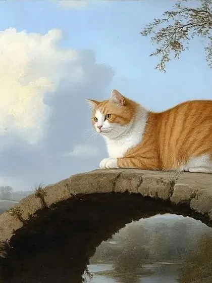 A ginger and white cat enjoying a peaceful moment in a classical landscape. We can tailor these artistic creations to match your pet's coloring and personality.