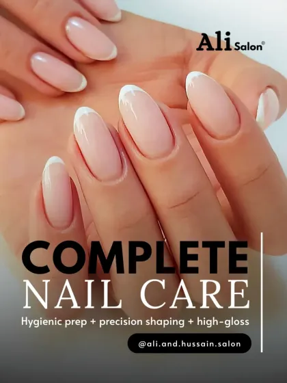 A perfect French manicure never goes out of style. We achieve this flawless look through meticulous work: hygienic prep, precision shaping for clean lines, and a durable high-gloss finish that lasts.