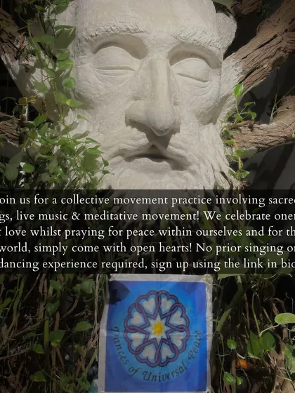Join us for the Dances of Universal Peace, a collective movement practice with sacred songs and live music. This poster invites you to pray for peace with an open heart, no experience required.
