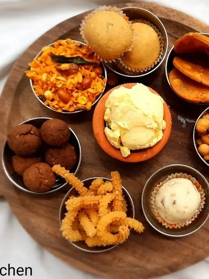 My special platter for Krishna Janmashtami, filled with traditional homemade bakshanams. This assortment includes everything from sweet Besan Ladoos and savory Uppu Seedai to crunchy Butter Murukku, all arranged to be a perfect offering for the festival.