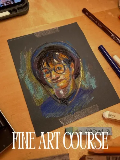 A finished portrait of Harry Potter done with soft pastels on black paper, showcasing the fine art techniques taught in my courses.