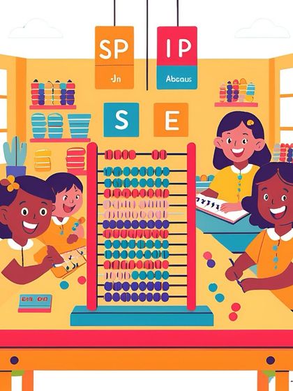 Learning together around a giant abacus. This image symbolizes our hands on, collaborative approach to teaching.