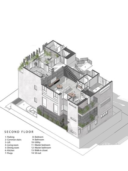 The second-floor plan for 'Triode' in an axonometric view. This level of detail in our drawings ensures that every aspect of the design, from room layouts to furniture placement, is carefully considered.