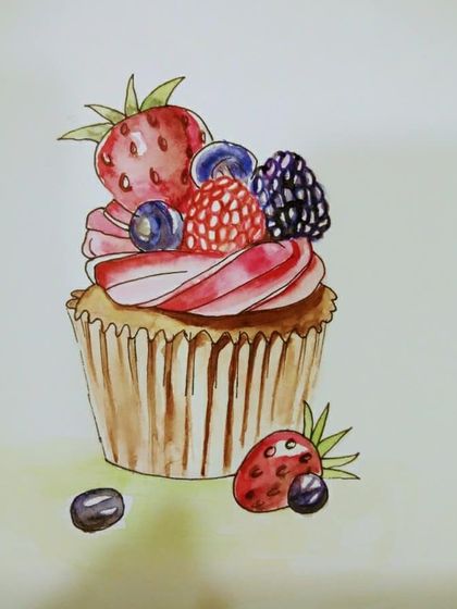 This delicious-looking cupcake is a watercolour painting by one of my students. It’s a fantastic exercise for practicing details and highlights.
