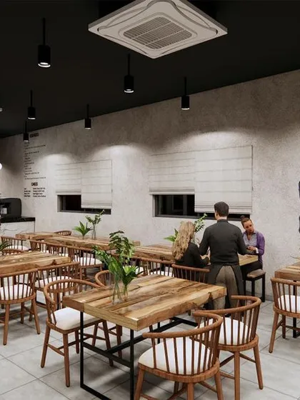 Another perspective of the cafe render, this time showing a custom wall mural. I often incorporate art into my designs to give a space a unique personality and make it memorable for customers.