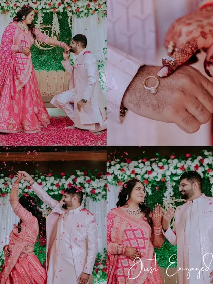 A collage capturing the key moments of an engagement, from the proposal to the ring exchange and the happy celebration.