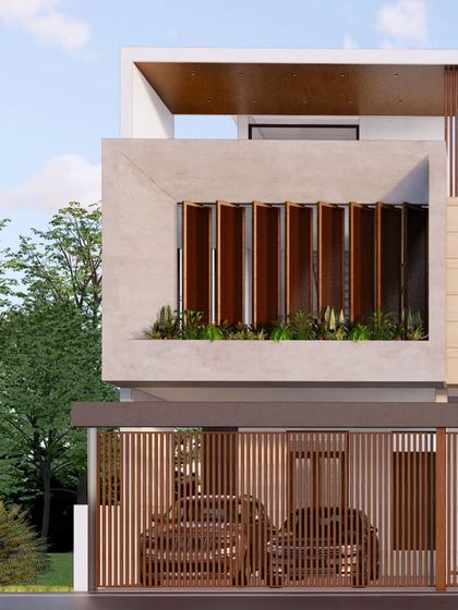 A home that is not just a sight to behold but a sanctuary. This detail shows how rotatable wooden louvers are set within a concrete frame, allowing residents to control light and privacy while creating a visually interesting pattern.