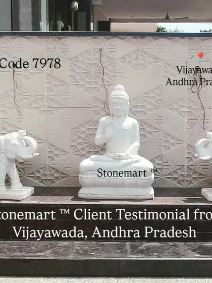 A beautiful installation from our client in Vijayawada, Andhra Pradesh. This setup features our 3-foot white marble Buddha statue flanked by a pair of 2-foot hand-carved marble elephant statues, creating an elegant and welcoming entrance.