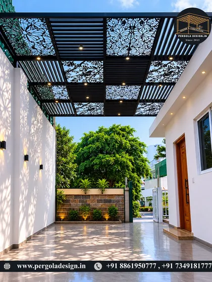 Your space, your statement. This custom carport showcases a blend of functionality and art, featuring intricate laser-cut panels and integrated lighting. It provides shade and protection while making a bold architectural statement.