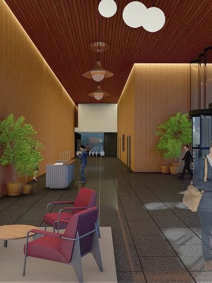 A rendering of the MSR Tower lobby, designed to be a warm and welcoming entry point. The concept uses wood-paneled ceilings, soft lighting, and comfortable seating areas to create a hospitality-like feel in a corporate environment.