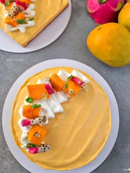 When Alphonso mangoes are in season, my egg-free mango cheesecake is a must-try. It has a creamy, melt-in-the-mouth texture and is packed with the natural sweetness of real Alphonso mangoes, topped with fresh fruit and a hint of edible gold leaf.