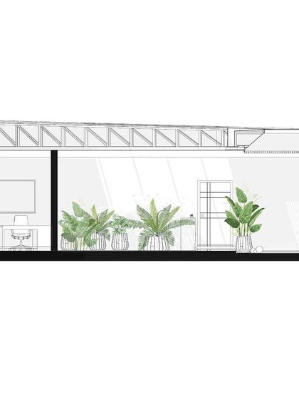 This detailed section cut shows the interior of a discussion room, illustrating the ceiling structure, the full-height glass, and the relationship between the interior space and the exterior planters.
