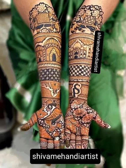 This design features architectural elements like the Taj Mahal and other monuments, combined with wedding procession scenes.