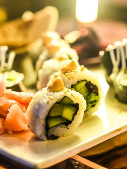 A close-up of my vegetarian sushi, beautifully plated and ready to be served. I take pride in offering diverse international cuisines, ensuring there is something for every guest to enjoy.